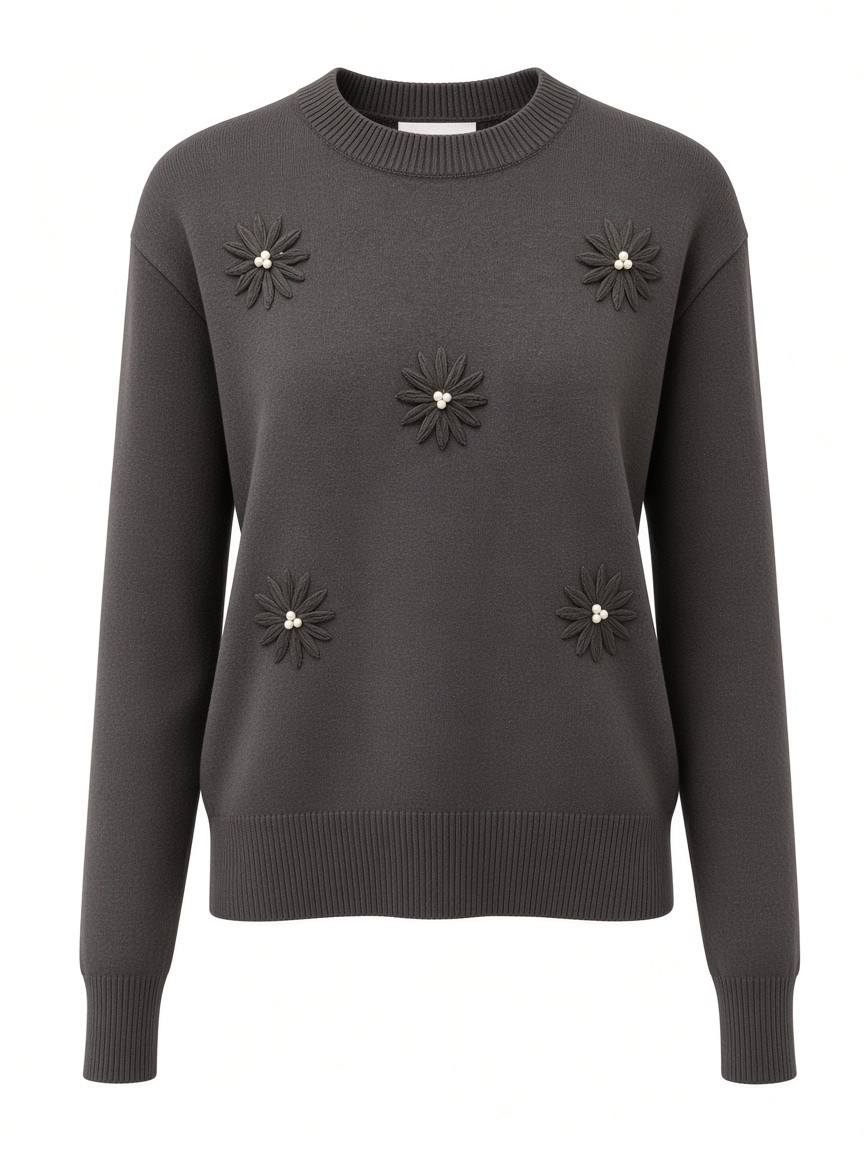 Dámsky pulóver s výšivkou kvietkov s perličkami COZY CHOCOLATE Tmavohnedá s.WEAR 5